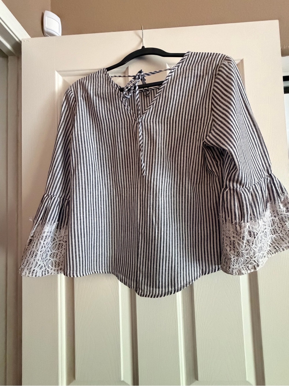 Striped V-Neck Bell Sleeve Blouse with Lace Trim - White & Black